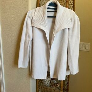 Cream XL open front sweater with large rib knit collar . cotton 95% Nylon 5%